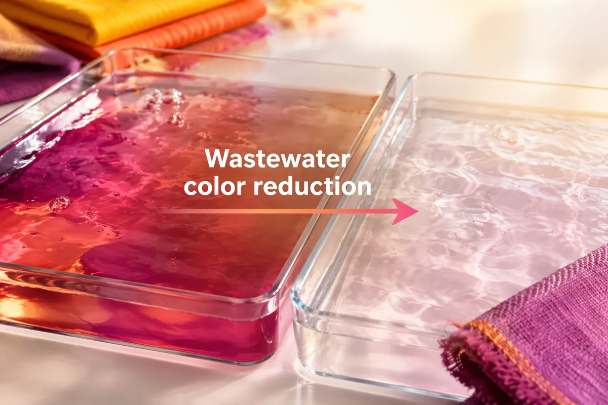 Dyed process water before and after an enzyme color-reduction step, compared side by side on the bench