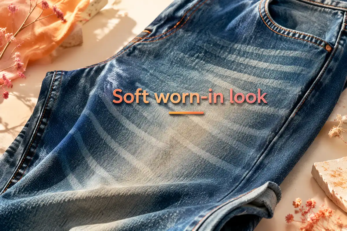 Indigo denim after a laccase-assisted finishing wash, showing the soft, worn-in surface look mills aim for