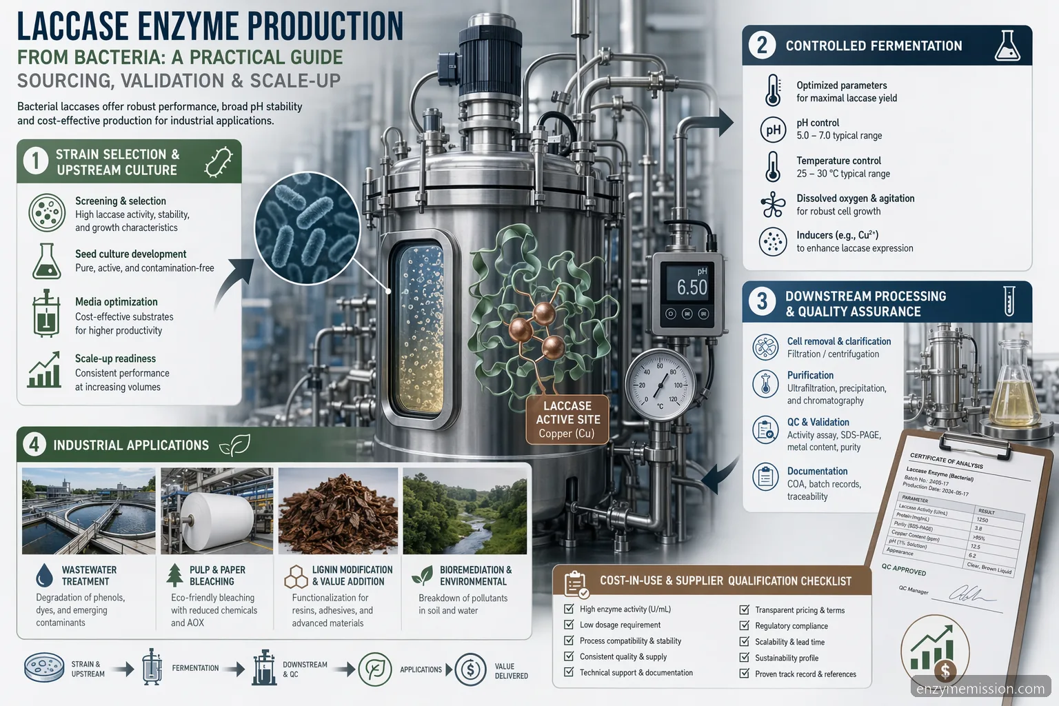laccase enzyme production from bacteria process guide with sourcing, scale-up, QC, and industrial applications