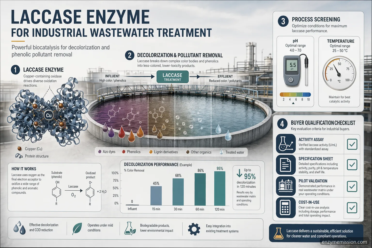 laccase enzyme wastewater guide infographic showing dye removal, screening conditions, specs, and pilot scale-up