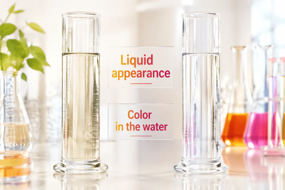 Bench jar test: a tinted effluent sample beside a clearer treated sample, the side-by-side check used in pilot screening